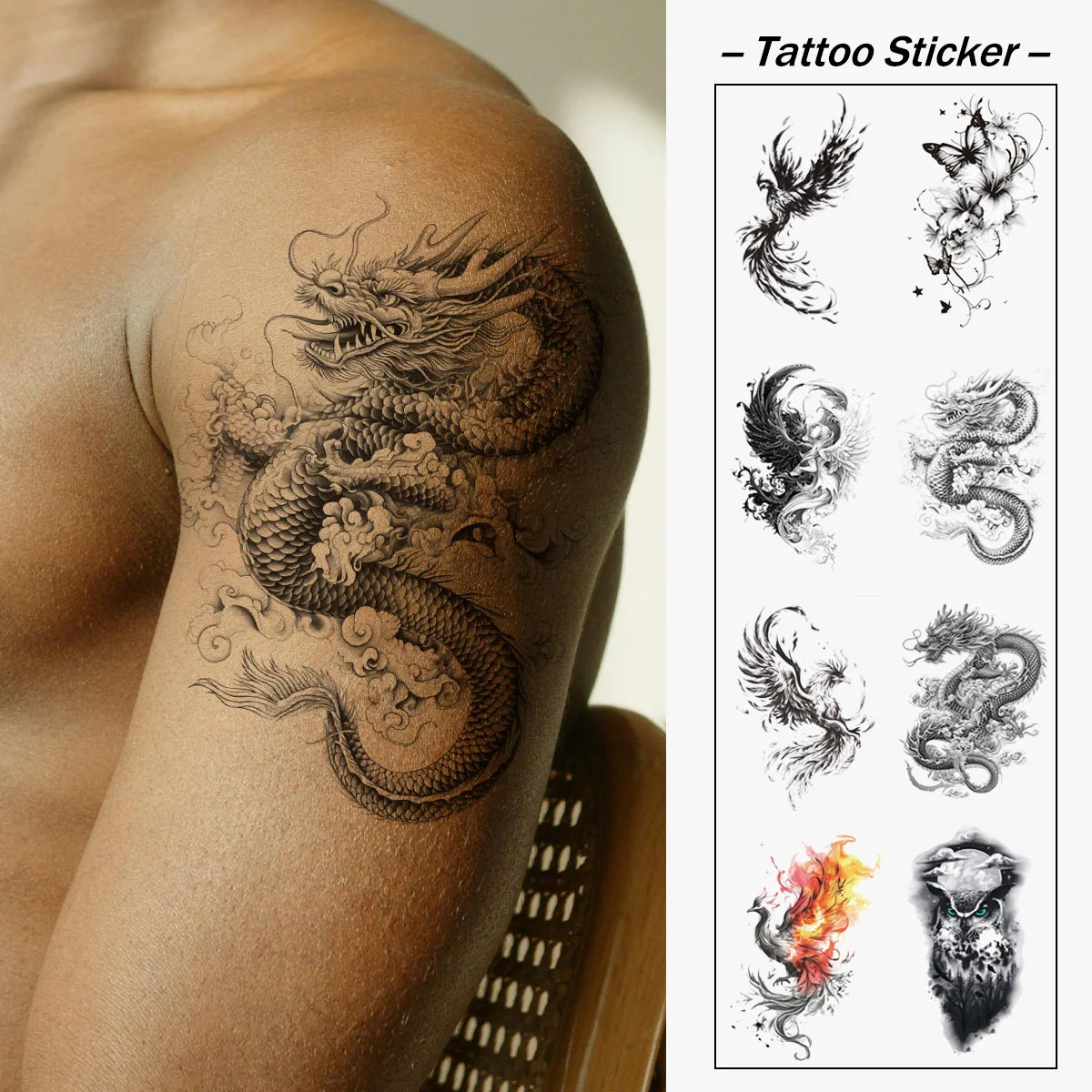 Temporary Tattoo Sticker Dragon Phoenix Snake Butterfly Flower Waterproof Tattoo Sticker For Men Women Body Art Fake Tattoo