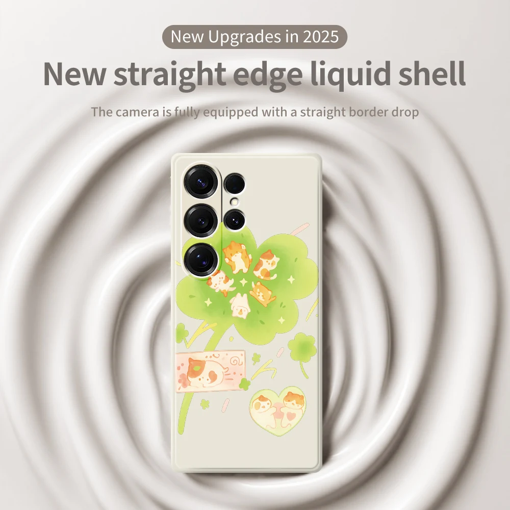 Чехол для телефона Cute Cat Four Leaf Clover для Samsung Galaxy S25 S24 S23 S22 S21 S20 Ultra Plus S10 Plus S24FE S23FE S22FE Soft Cover