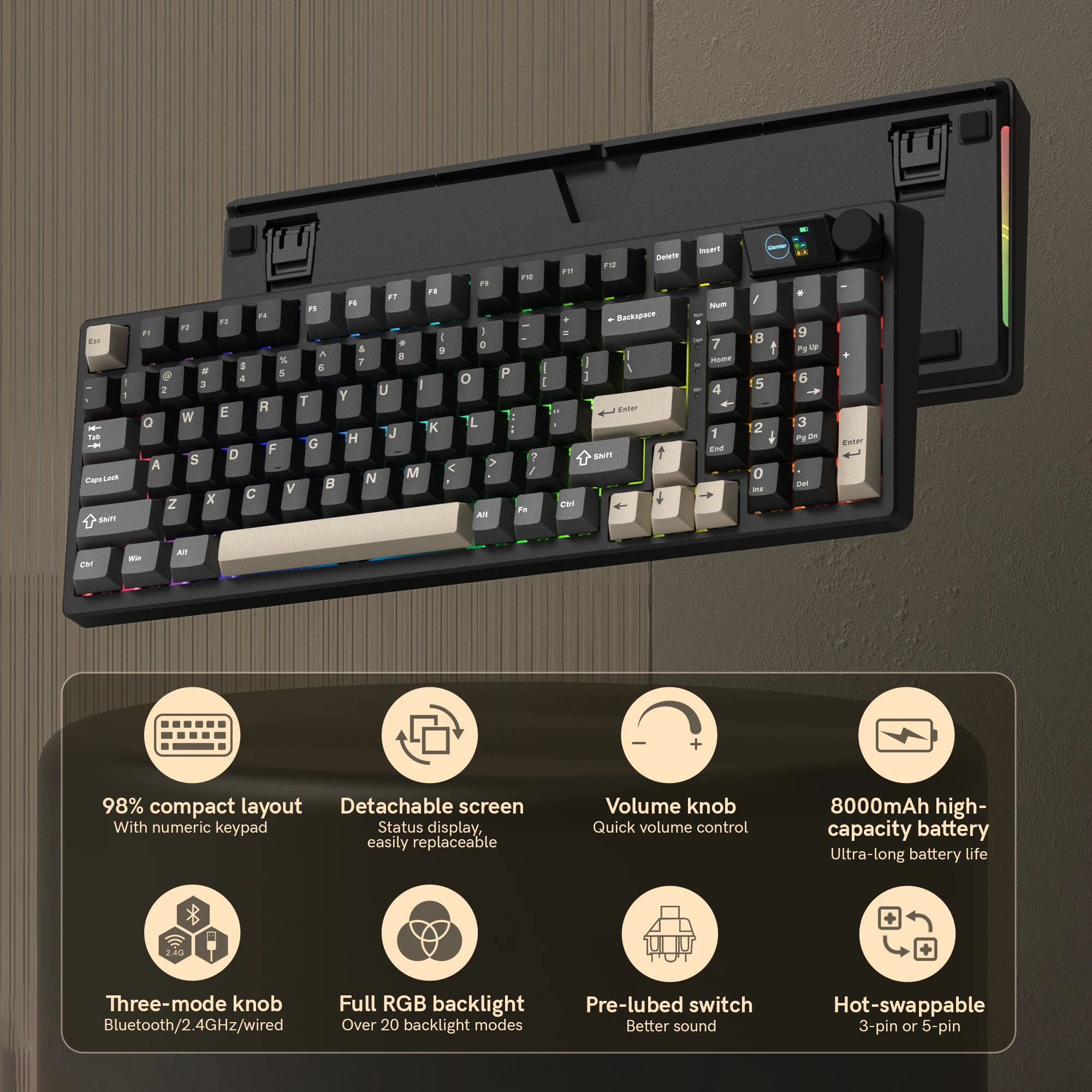 

Womier M98 96% Wireless Mechanical Gaming Keyboard VIA Support Tri-Mode Hot-Swappable RGB Custom Keyboard for PC/Mac