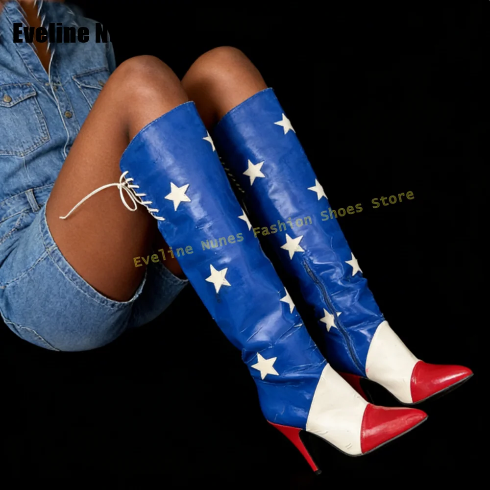 Star Print Cross Tied Fashion Boots Pointed Toe Stiletto Patchwork Women Knee High Boots Spicy Girl Sexy Mixed Colors Boot 2026