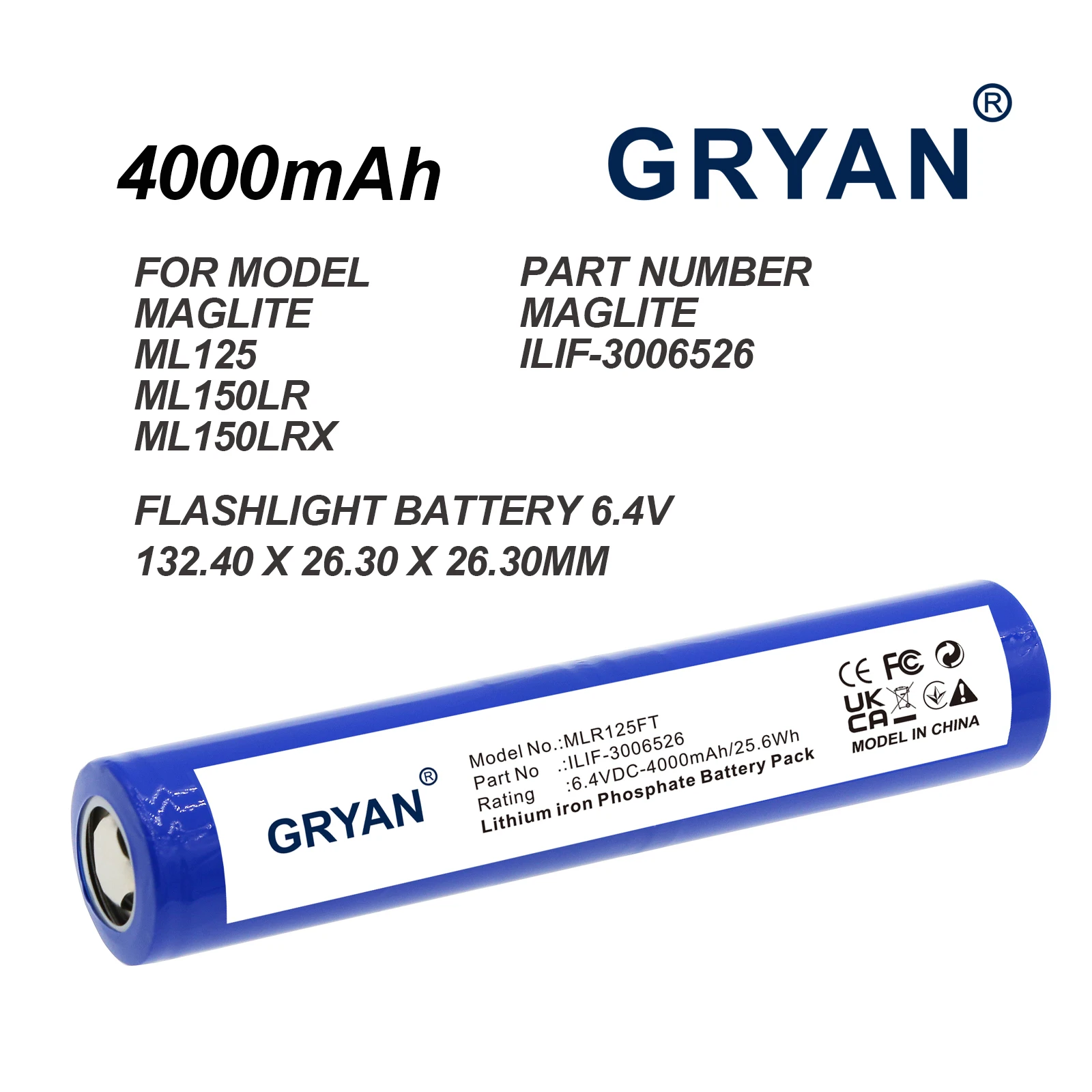 GRYAN 4000mAh Flashlight Battery For Maglite  ML125 ML150LR ML150LRX ILIF-3006526