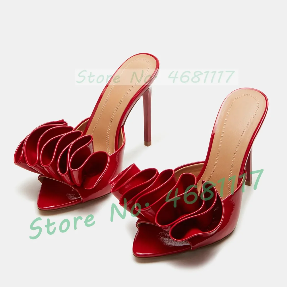 Pleated Ruffled Big Flower High Heels Slippers Women Luxury Floral Pattern Stylish Shoes Sweet Open Pointy Toe Stiletto Mules