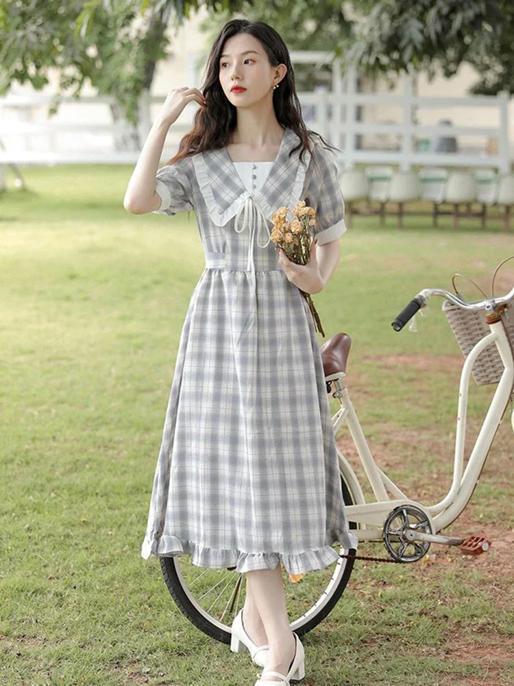 

French Elegant High Waist Women Long Dress Peter Pan Collar Plaid Fashion Ladies Dress Summer Casual Chic Vintage Female Dress