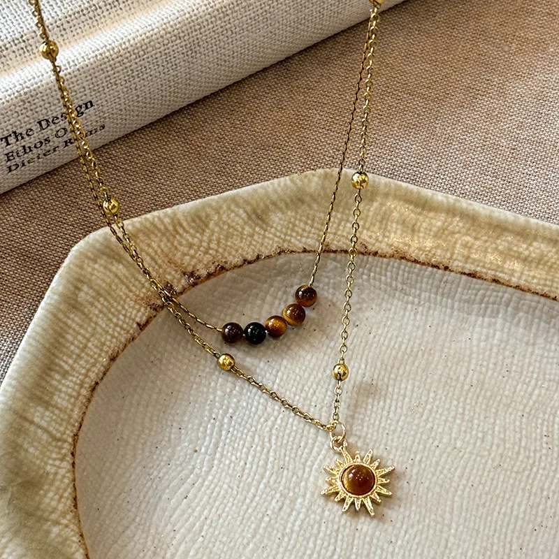 موضة طبقة مزدوجة عباد الشمس قلادة قلادة للنساء البني حجر عين النمر مطرز سترة فستان سلسلة المختنق مجوهرات فاخرة