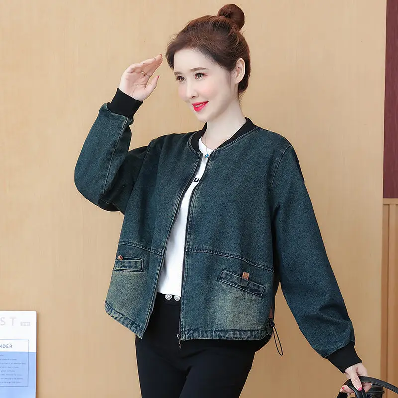 

Denim Jacket Women's Spring Autumn 2023 Baseball Collar Short Color Contrast Pocket Casual Versatile Top Jeans Jaqueta t2004