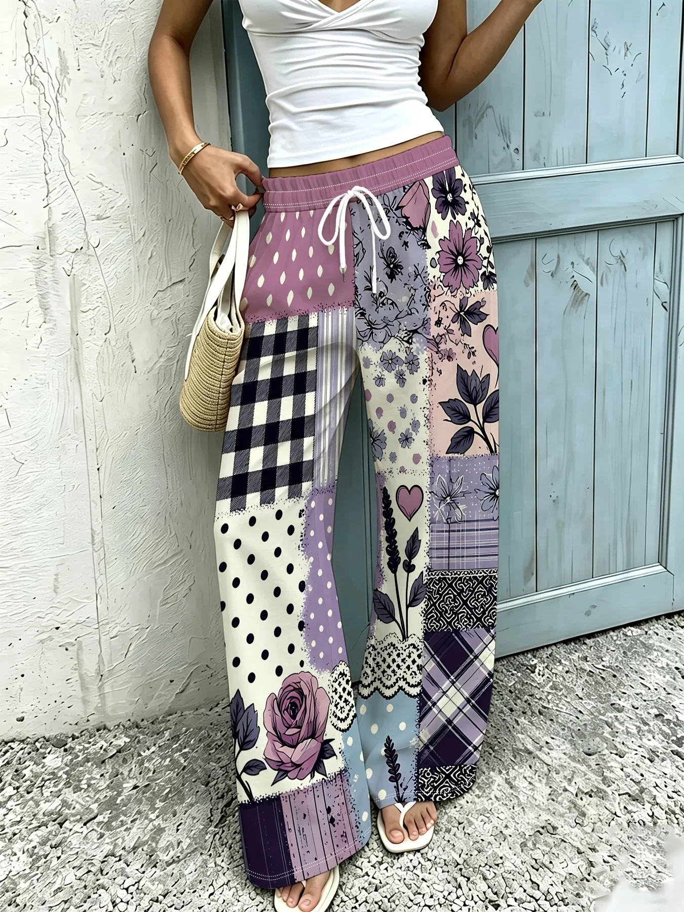 Women's Wide-Leg Floor-Length Pants with Elastic Drawstring Waist  Vintage Patchwork Full-Body Floral Plaid & Polka Dot Trousers