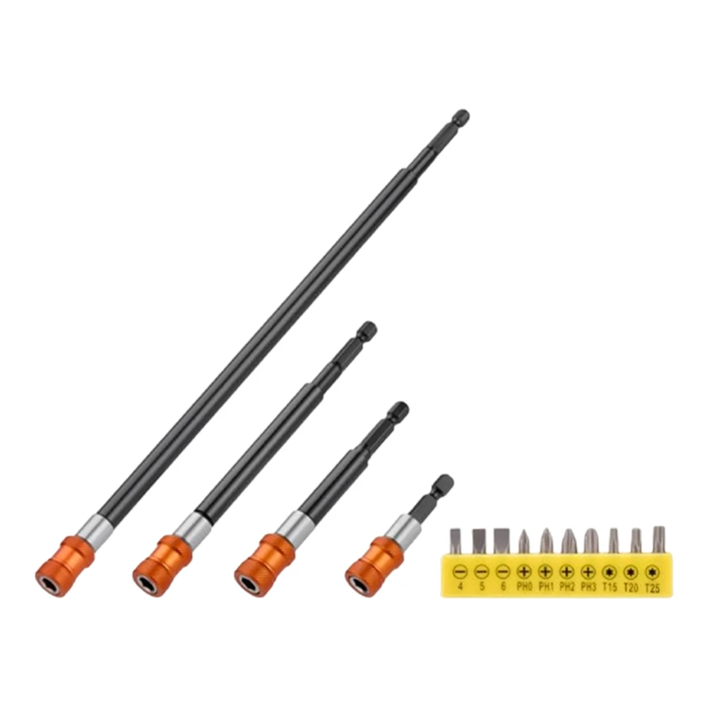 14-Piece Drill Bit Extension Set with System for Secure Bit Hold and Quick Release Compatible with Hex Shank Bits