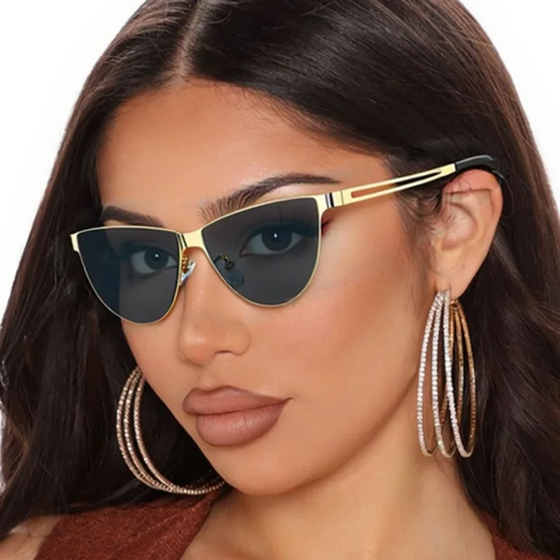 Metal Cat-Eye Fashion Sunglasses Women Ins Personality Punk Sunglasses Beach Vacation Concave Style Men's Sunglasses UV400 DUHE