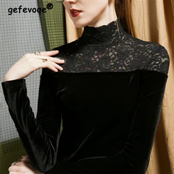 Women Sexy Hollow Lace Patchwork Gold Velvet Elegant Basic T Shirt Spring Autumn Fashion Black Long Sleeve Slim Tops Ropa Mujer