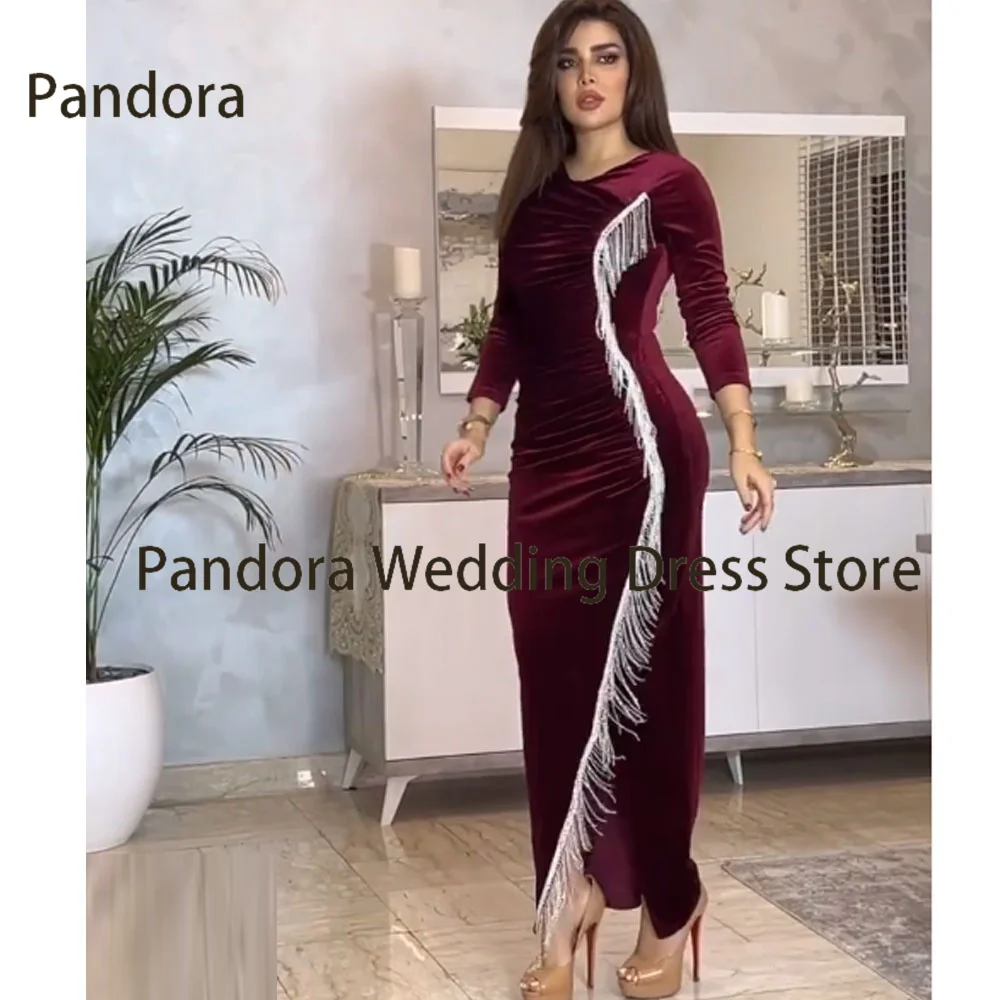 Pandora V-Ausschnitt boden langes langärmliges formelles Abendkleid mit geschlitztem Meerjungfrau Velours saudi-arabischen Frauen hochzeits kleid