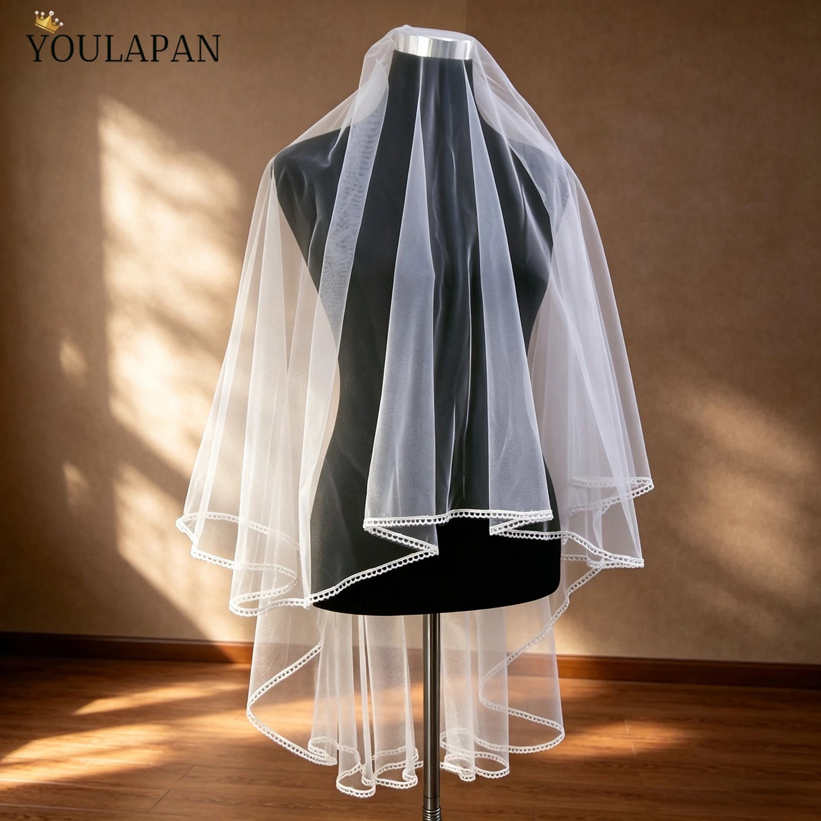 TOPQUEEN Lace Edge Velo De Novias Elegant 2 Tiers Blusher Veil Can Be Worn With Face Covering Wedding Accessories Women'S V174
