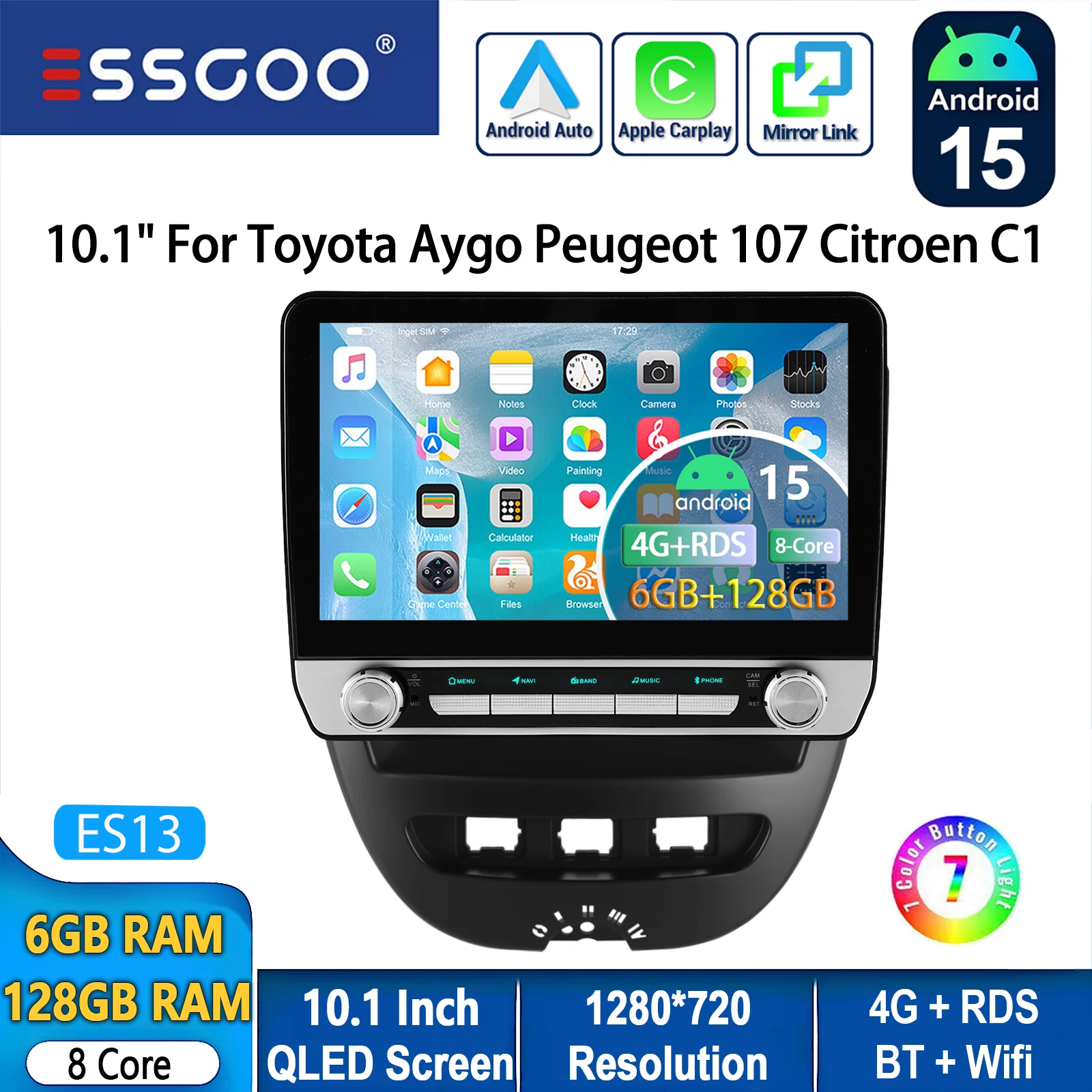 Autoradio ESSGOO Android 15 10.1 Inch 6+128 GB voor Toyota Aygo Peugeot 107 Citroën C1 Draadloze CarPlay Android Auto GPS Navigatie 4G FM AM BT RDS Stuurwielbediening Mirror Link QLED Touchscreen