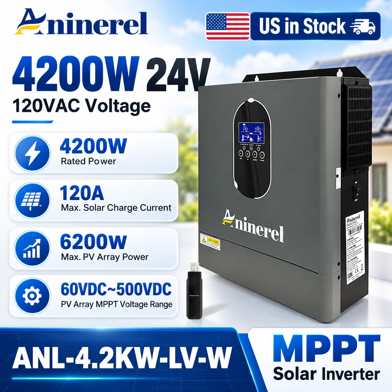 Aninerel 4.2kW/4200W 24V New Hybrid Solar Inverter, 120V Pure Sine Wave, 120A MPPT, 60-500V PV, 6200W Input, RS485