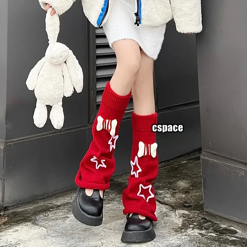 Jk Lolita Uniform Cute Bone Pentagram Leg Warmers Subculture Y2k Women Punk Harajuku Five-pointed Star Long Cable Socks Costumes