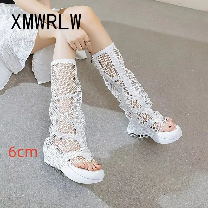 

XMWRLW 2025 г. женские летние ботинки с дышащей сеткой, женская обувь, модные женские летние высокие сапоги на высоком каблуке и толстой подошве, обувь, ботинки