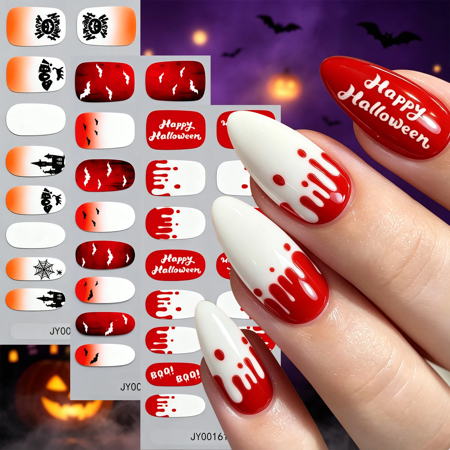 16Tips/Sheet Glow In Dark Halloween Nail Polish Strips Spider Web/Blood/Bat/Pumpkin Spooky Nail Wrap Decals for Holiday Party