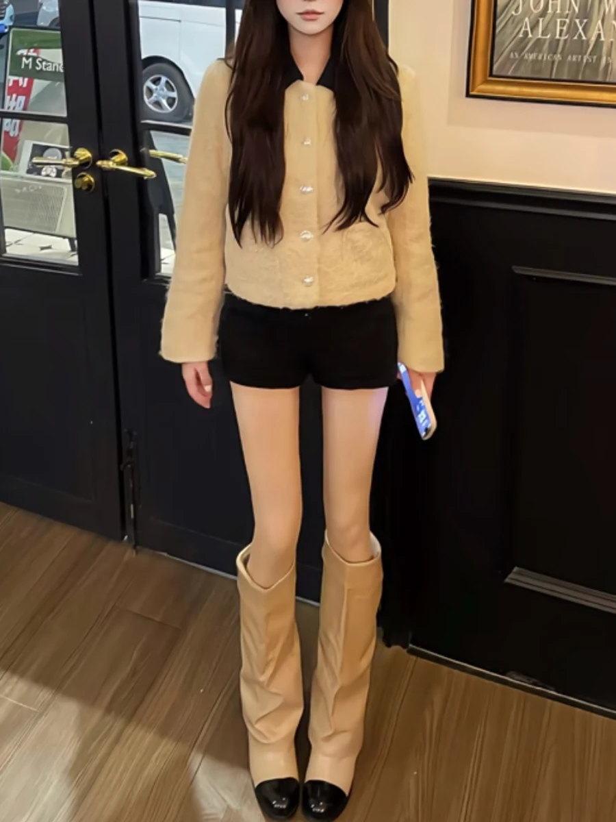 Korean Style High Heel Booties round Toe Spliced Color Block Fashion Boots Women's Ankle High Boots Skin Friendly Material