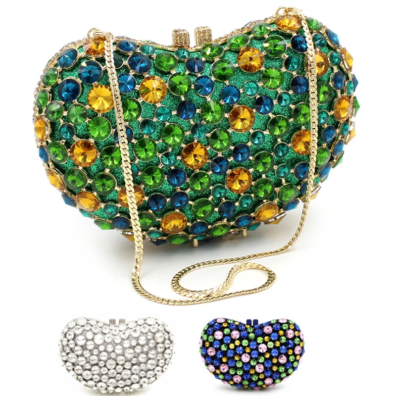

Large Rhinestone Evening Bag Clutch White/Gold Diamond Heart Shape Purse Elegant Luxury Women Wedding Bridal Crystal Purses