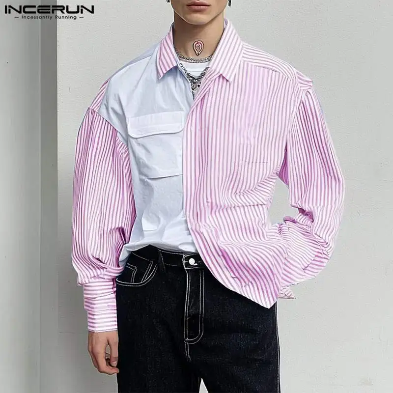 INCERUN Lapel Button Elegant Autumn Tops 2024 Casual Men Long Sleeve Tops American Style Fashion Contrasting Stripes Loose Shirt