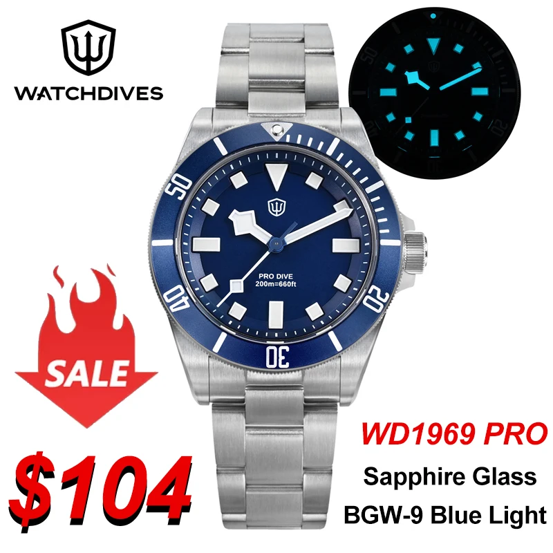 

Watchdives WD1969 Pro Кварцевые часы 200 м Водонепроницаемые часы VH31 с секундным механизмом BGW9 Синие светящиеся часы с сапфировым стеклом
