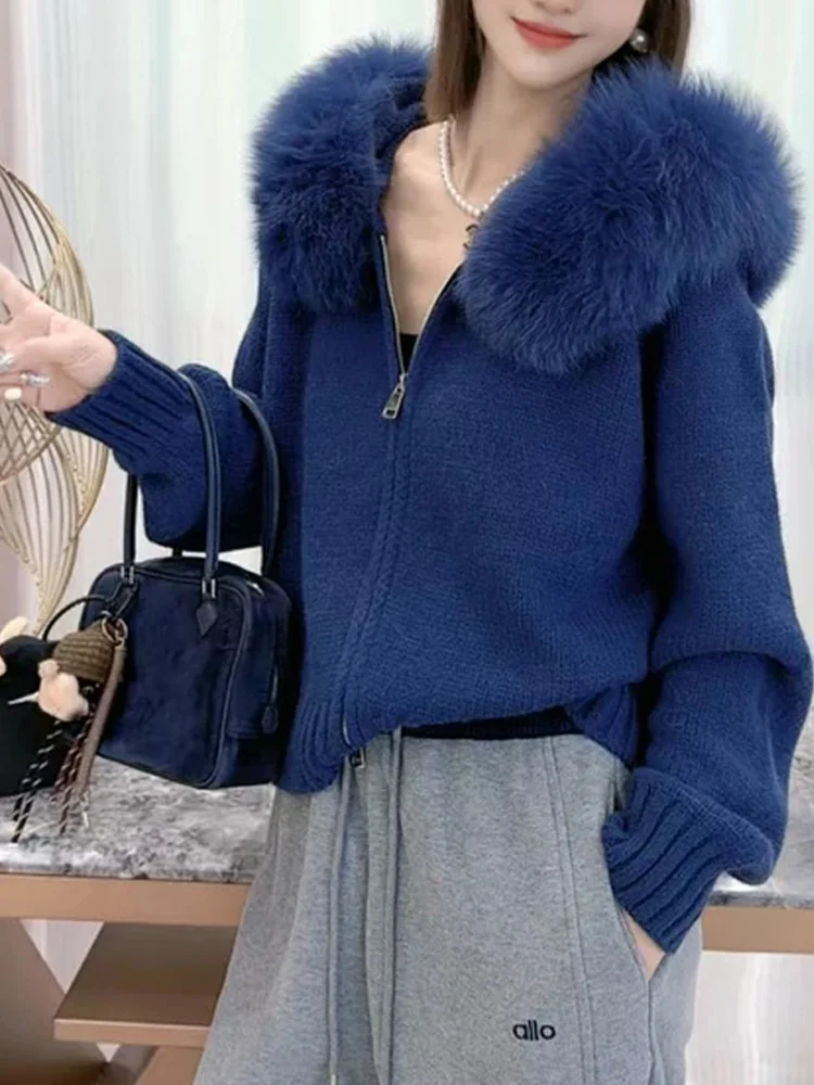 

Thiened Plu Lined Hooded Knitted Cardigan Women's Winter Outerwear Large Fur Collar Comfortable Sle Blue Color Knitwear