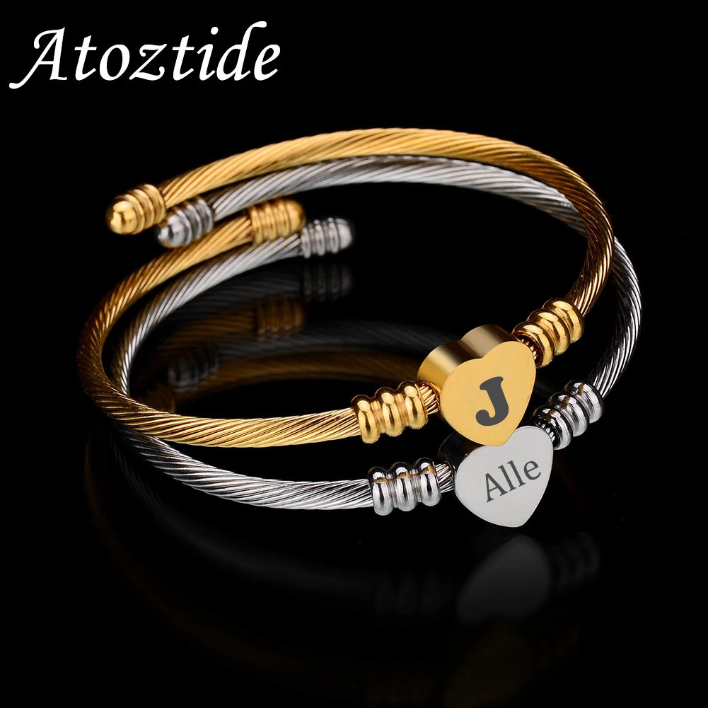 Atoztide Personalized Engrave Name Heart Wire Bracelet For Women Stainless Steel Fashion Custom Bangle Birthday Jewelry Gift