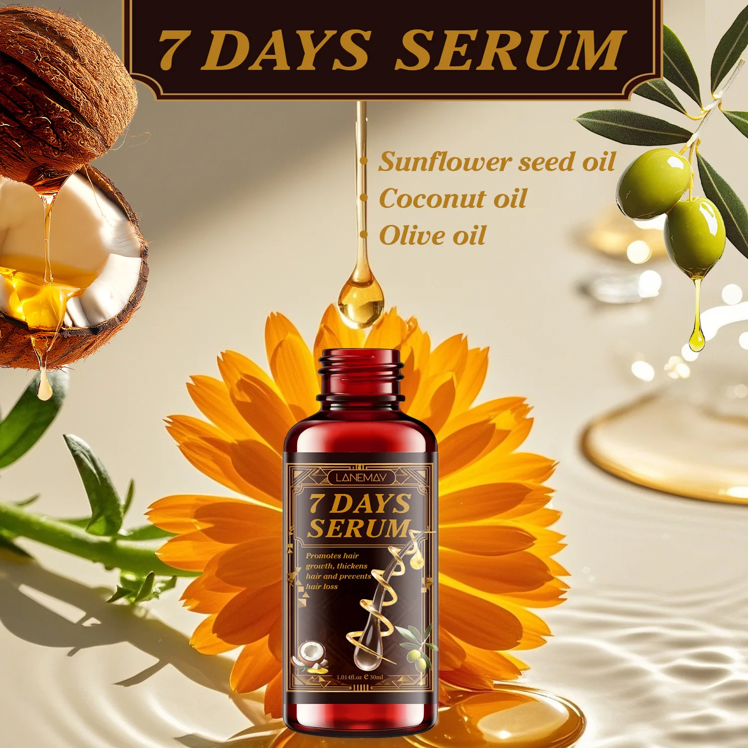 7 DAYS Hair Growth Serum | With Sunflower Seed, Coconut & Olive Oils | Promotes Growth, Thickens Hair & Prevents Hair Loss, 30ml