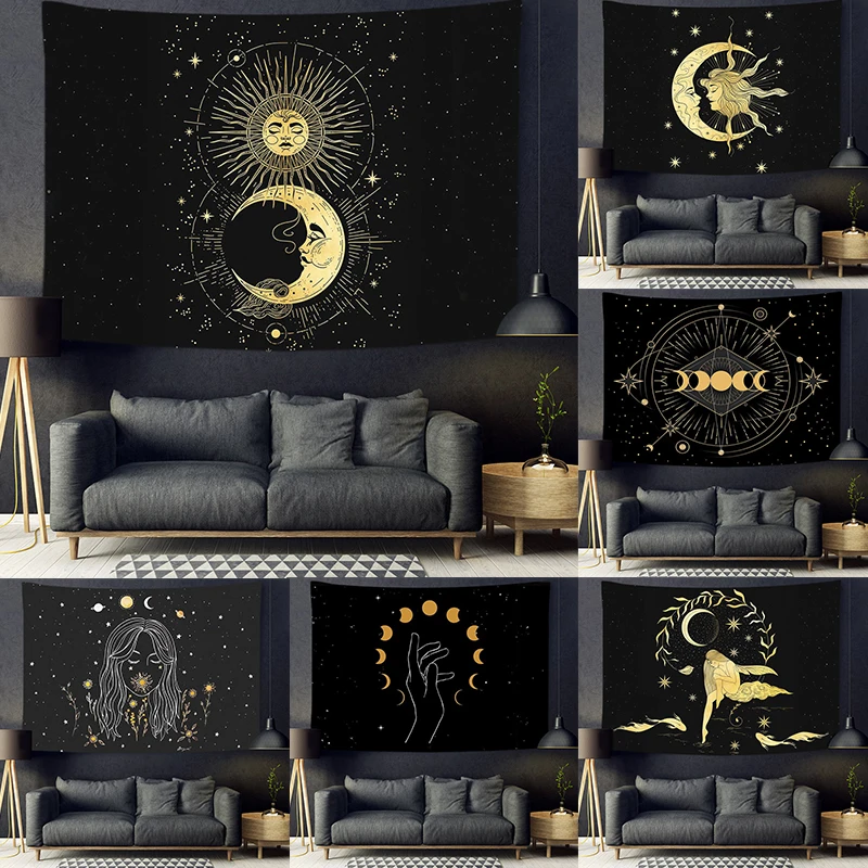 Moon and Sun Tapestry Solar Eclipse Wall Hanging Tapestry Golden Line Mythology Story Print Wall Cloth Living Room Art Decor