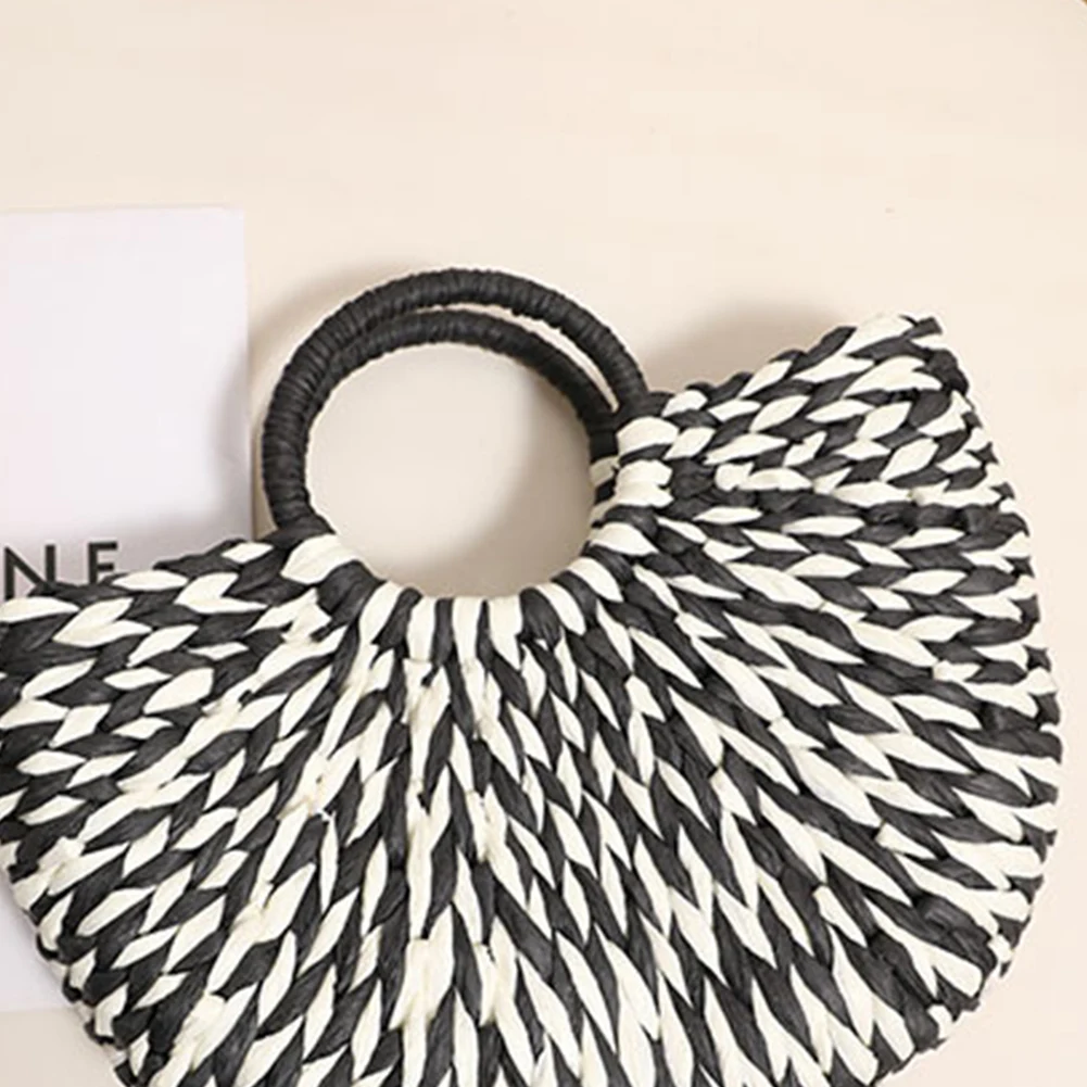 المرأة المنسوجة يدويا محفظة سعة كبيرة حقيبة سفر عادية اللون الصدام نصف دائرة النسيج حقيبة الصيف حقيبة يد الشاطئ #5