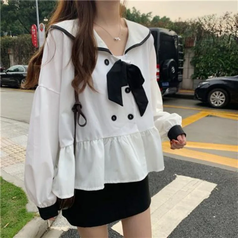 Korean Style Women Shirt Long Sleeve Bow Top Female Autumn Sailor Collar Fashion Woman Blouse 2024 Cute Ruffles Button Clothes