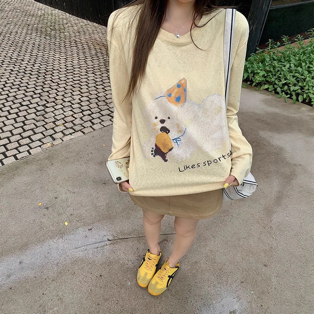 

Relaxed Puppy Print Yellow Long Sleeve Top Women's Korean Sunscreen Versatile Crew Neck T-shirt