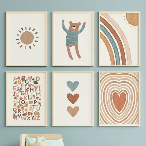Cute Bear Sun Rainbow Heart Car Alphabet Nursery Wall Art Canvas Painting Posters And Prints Pictures Baby Kids Room Decor Boho