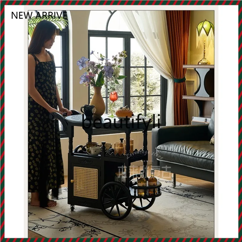 

Teak Wood Hand Carved Cart French Retro Solid Wood Folding Coffee Table Black Mobile Small Dining Cart G1218