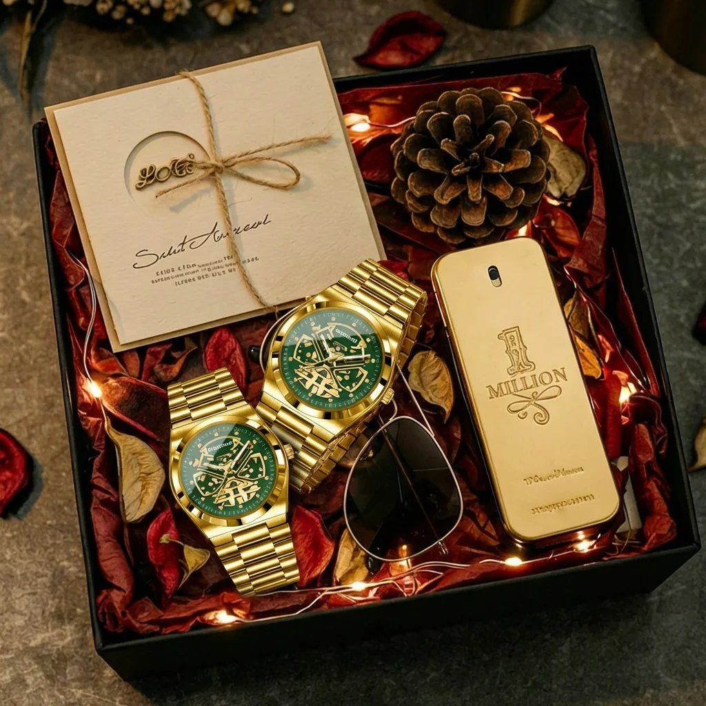 4pcs Men's Green Gold Metal Strap Luxury Skeleton Dial Sunglasses Perfume Mechanical Watch Gift Set for Birthday Anniversary