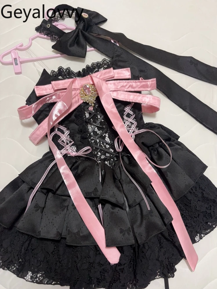 

Sweet Girl Princess High Waist Tube Top Off-Shoulder Black Pink Dress Japanese Bow Lace Lace-Up Birthday Party Dresses
