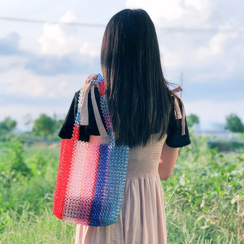 Sac à main en cristal pour femmes, fourre-tout, style symphonie rétro, avec perles, transparent, en acrylique, coloré, arc-en-ciel