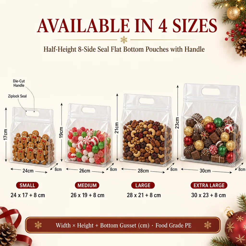 10/30PCS Clear 8-Side Seal Flat Bottom Pouches with Handle Resealable Zipper Bags for Holiday Gift Snack Food