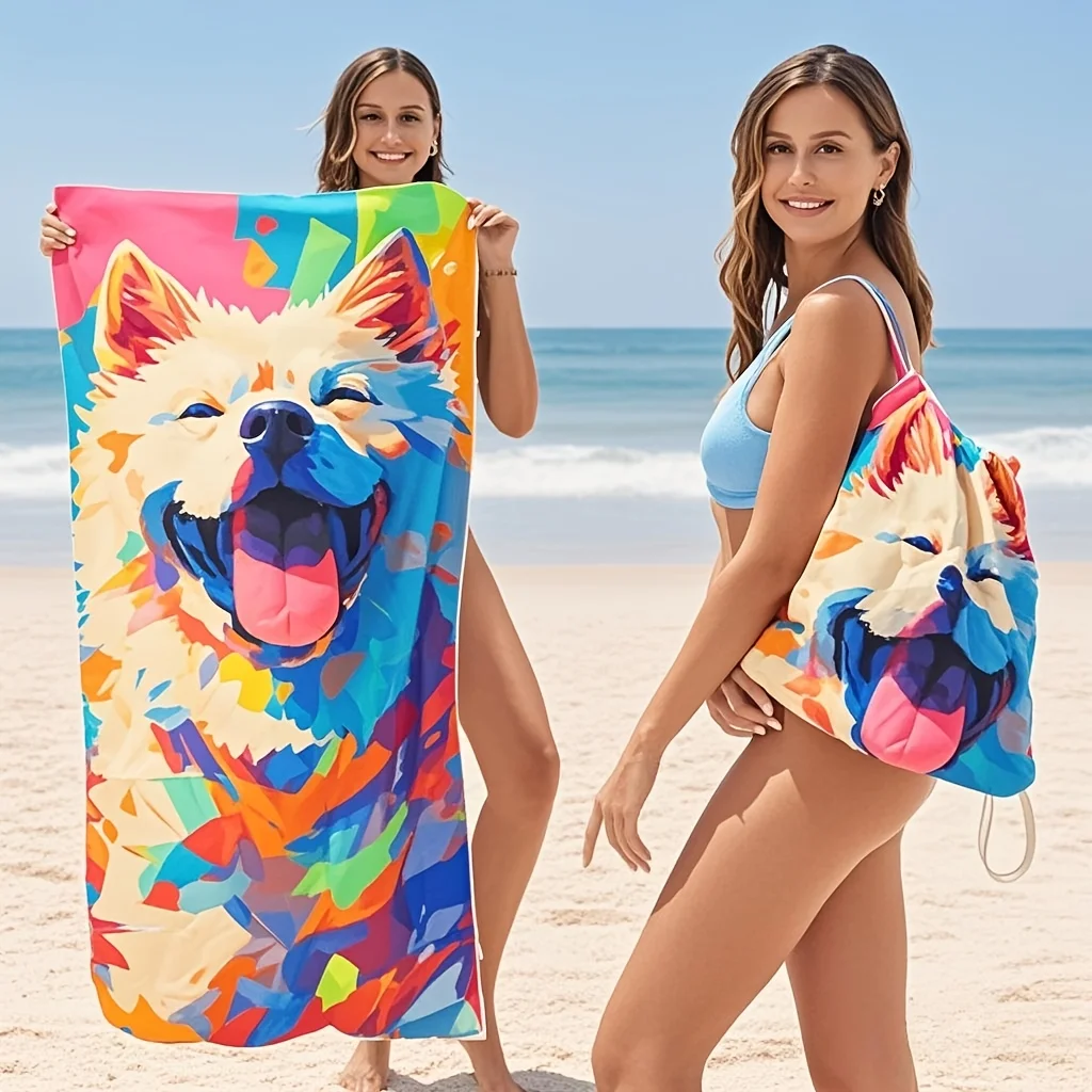 Dog Beach Towel Samoyed Art Design Quick-Dry Travel Towel with Pouch – Lightweight, Oversized Unisex Summer Essential