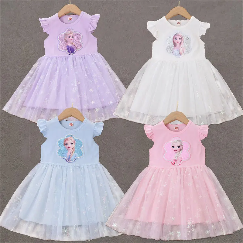 

Blue Pink Purple White Elsa Cartoon Sequins Summer Dress Girls Cotton Top Mesh Skirt A Line Cute Frock Kid Casual Princess Gown