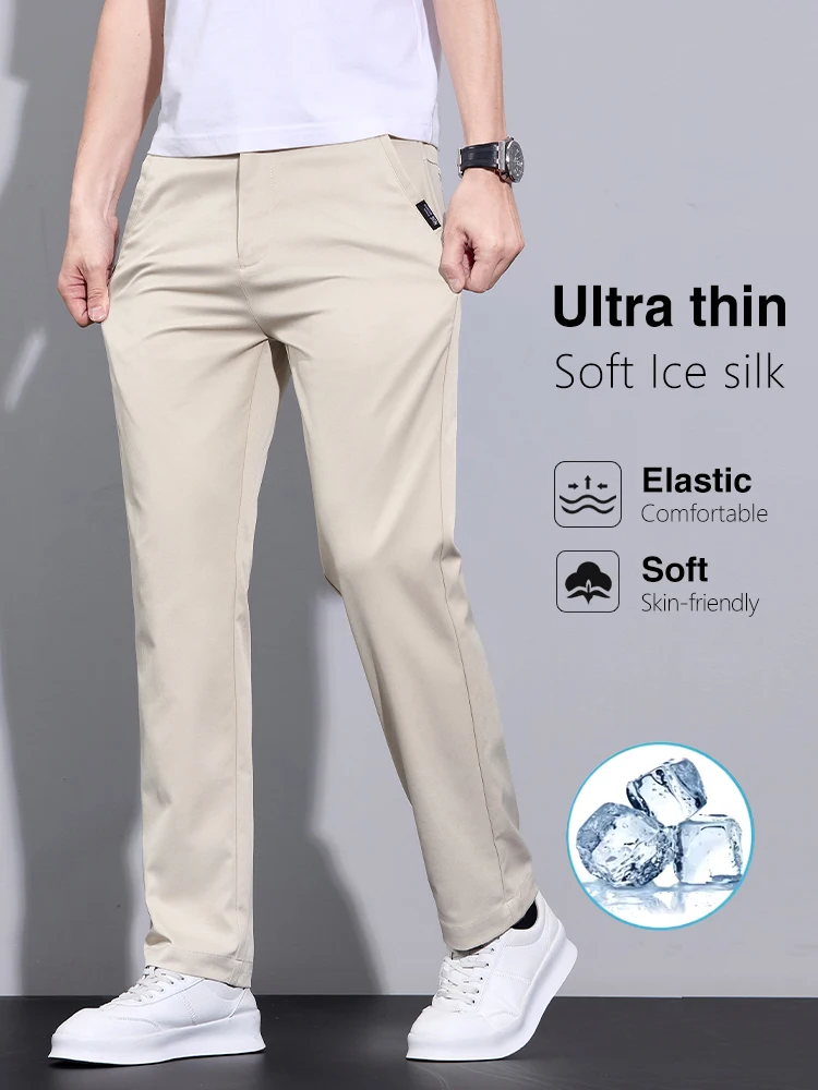 

2025 Summer Ultra-thin Ice Silk Trousers Solid Color Elastic Cool Straight Business Casual Pants Basic Fashion Korean Clothes