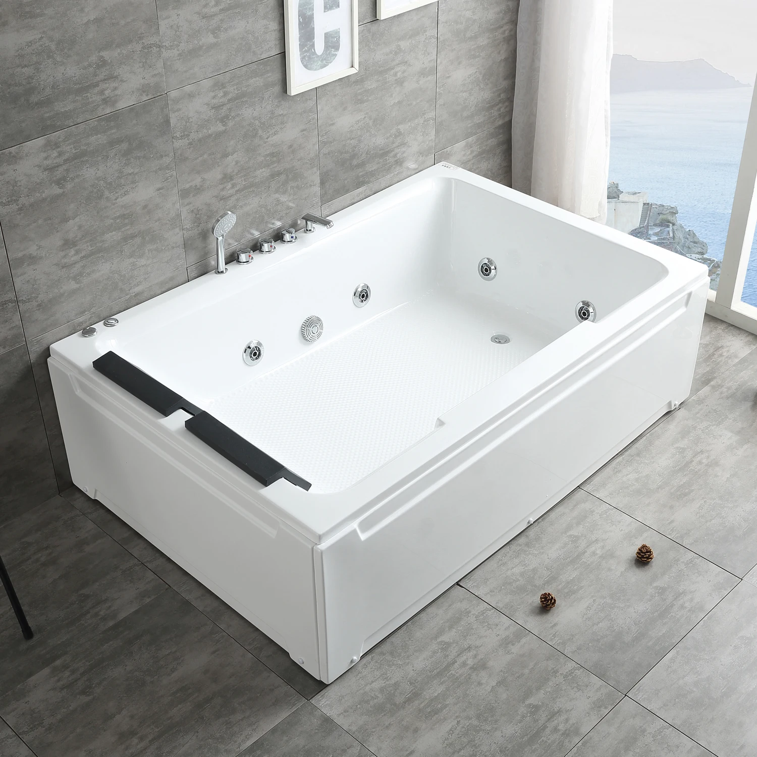 Modern Eco-Friendly Double Hydrotherapy Balboa Square Hot Tub White Acrylic Fiberglass Drop-In Spa Drainer Bathtub 6 Jets