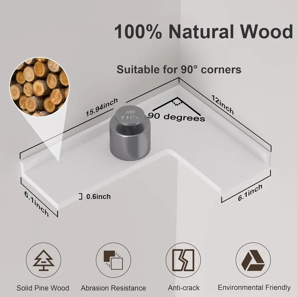 مجموعة من 4 أرفف زاوية من خشب الصنوبر الريفي - تخزين على شكل حرف L مثبت على الحائط لديكور المنزل باللون الأبيض