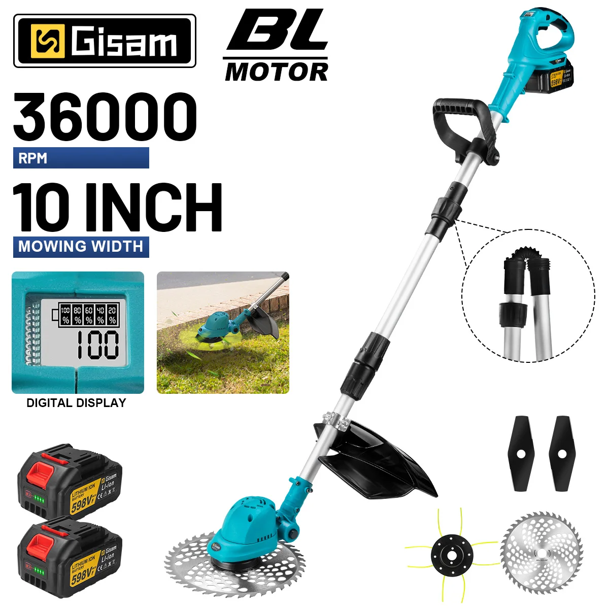 Gisam 10-Zoll-Bürstenloser Elektrischer Rasenmäher, faltbarer Akku-Rasentrimmer für den Garten, passend für Makita 18V-Akku