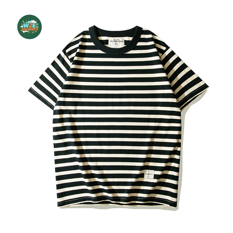 W2EJOURNEY قسط جودة الاتحاد الأوروبي الولايات المتحدة حجم 230 جرام الوزن الثقيل سميكة الجولة الرقبة تي شيرت خمر العمل الرجعية مخطط تي شيرتات قصيرة الاكمام #2