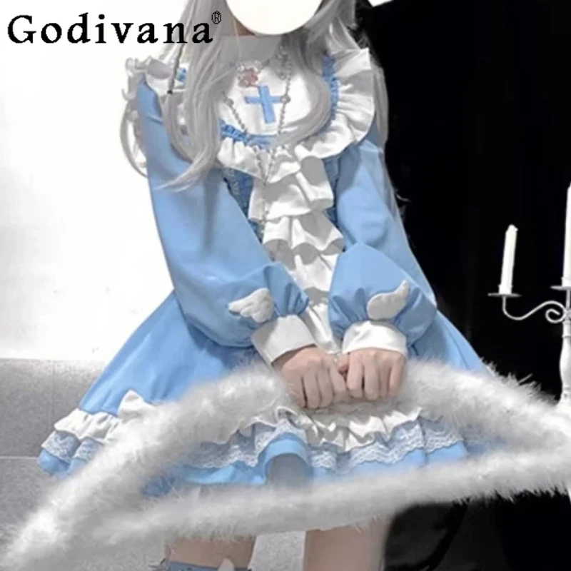 

Spring Autumn Personality Gothic Japanese Lolita Blue White Dress High Waist A-line Long Sleeve OP Girl Ruffles Princess Dresses