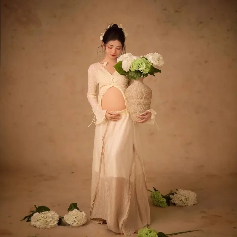 Women Photography Props Maternity White Elegant Pregant Split Top with Skirt Pregnancy Dresses Studio Photo Shoot Photo Clothes