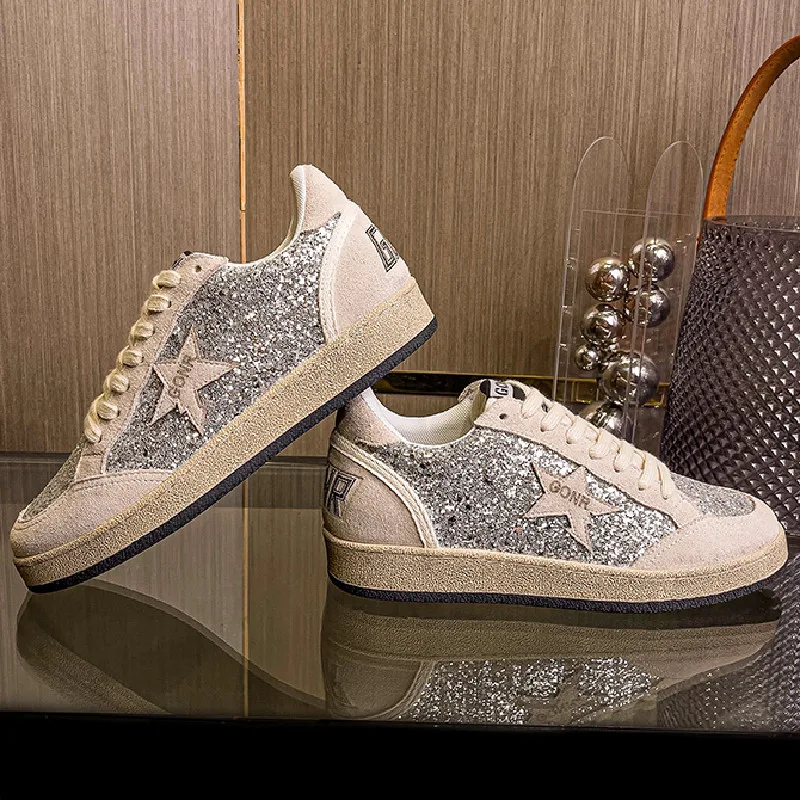

Женские повседневные кроссовки из натуральной кожи со звездами и блестками, старые грязные женские туфли-лифты