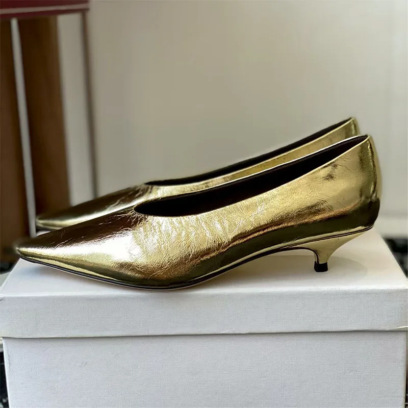 

Sexy Kitten Heels Women Pumps Genuine Leather Shallow Shoes Woman Pointed Toe Slip-on Office&Career Low Heels Women's Shoes