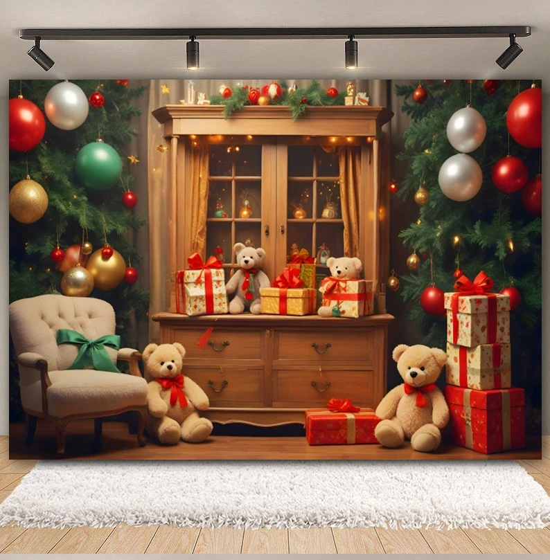 クリスマスのおもちゃのクマの写真の背景,ギフトルーム,暖炉,クリスマスツリーの鐘,木製の本棚の花輪,写真スタジオ