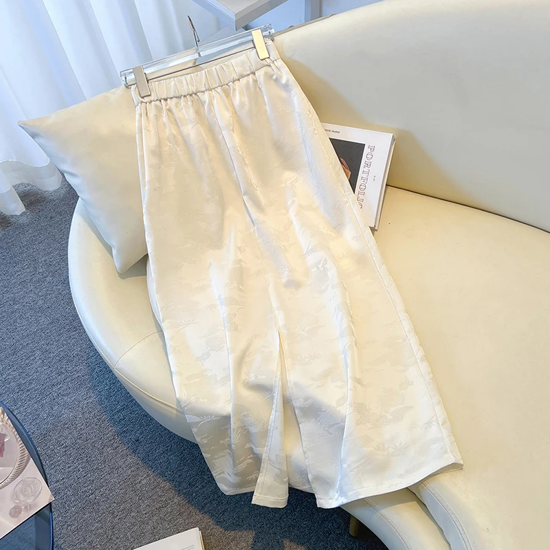 Gonna longuette a vita alta da donna Primavera Autunno Taglia grande A-Line Dritto Acetato Raso Ricamo Cinese Sle Pendolarismo